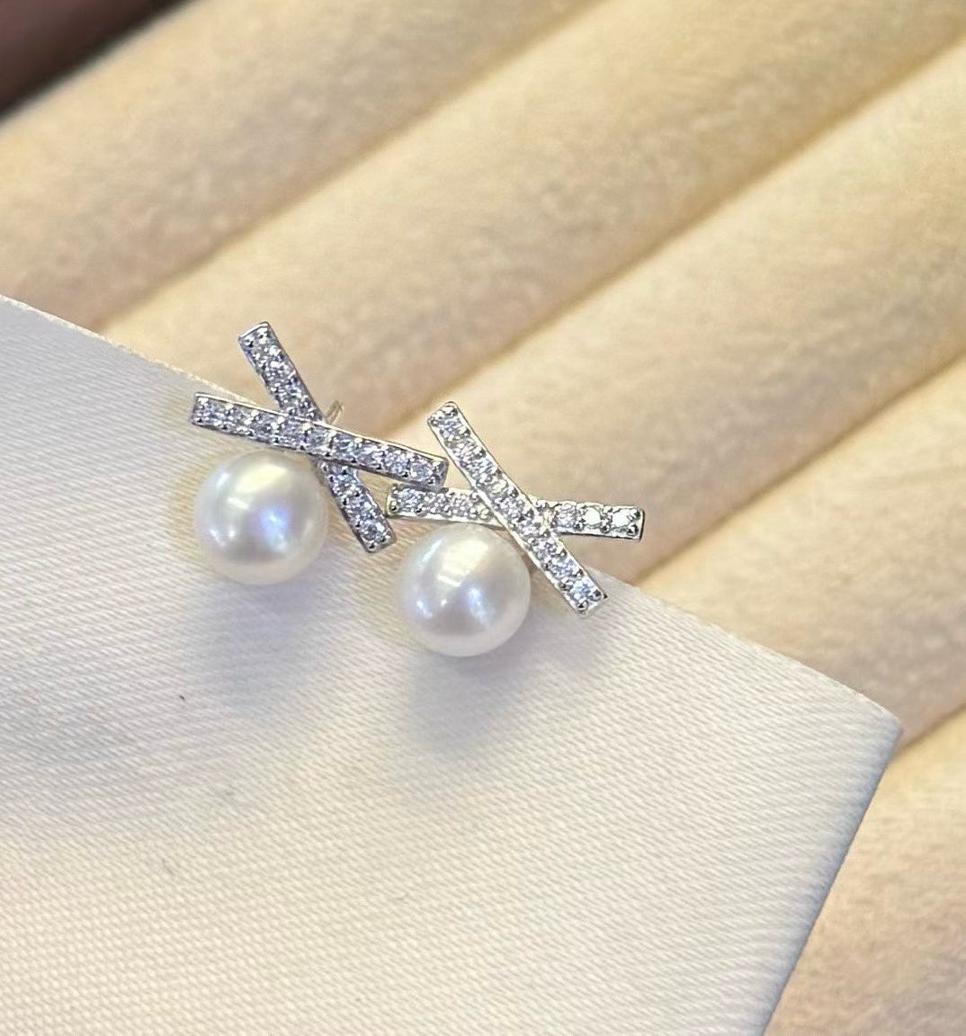 X-Shaped Studs | S925 Sterling Silver | 7-8mm Pearls