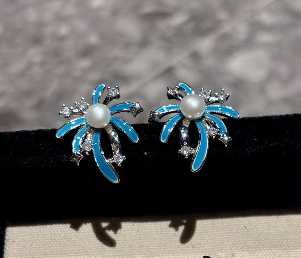 Firework-Inspired Enamel Pearl Stud Earrings