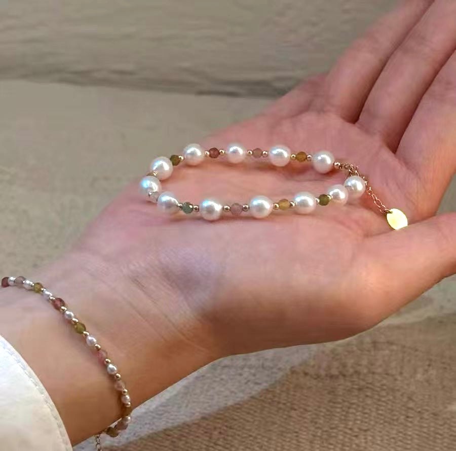 Set of 2 Natural Pearl and Tourmaline Bracelets | 7–8mm & 3-4mm Pearls
