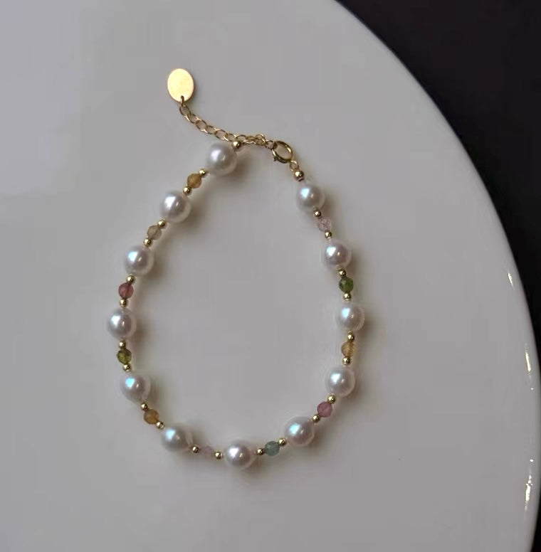 Set of 2 Natural Pearl and Tourmaline Bracelets | 7–8mm & 3-4mm Pearls