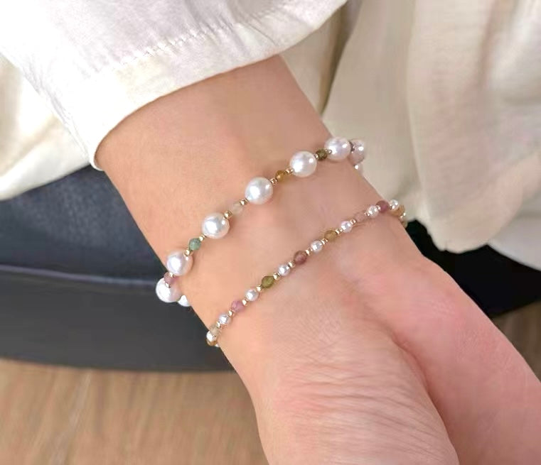 Set of 2 Natural Pearl and Tourmaline Bracelets | 7–8mm & 3-4mm Pearls