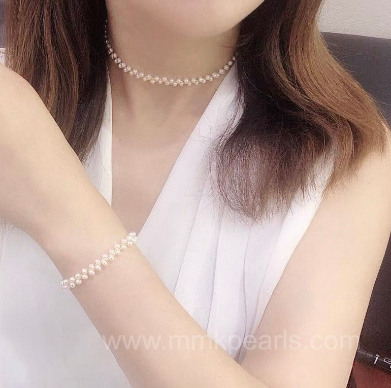 Handcrafted Bridal Pearl Jewelry Set – Custom Choker & Bracelet| Adjustable Free Size Fitting