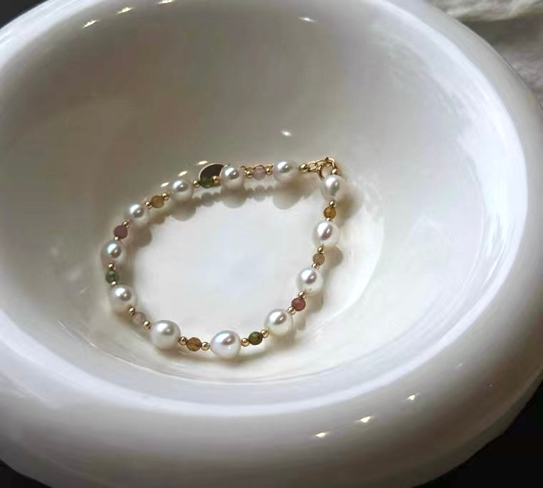 Set of 2 Natural Pearl and Tourmaline Bracelets | 7–8mm & 3-4mm Pearls
