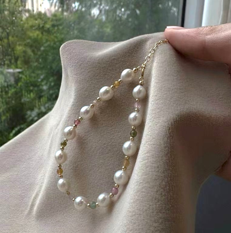 Set of 2 Natural Pearl and Tourmaline Bracelets | 7–8mm & 3-4mm Pearls