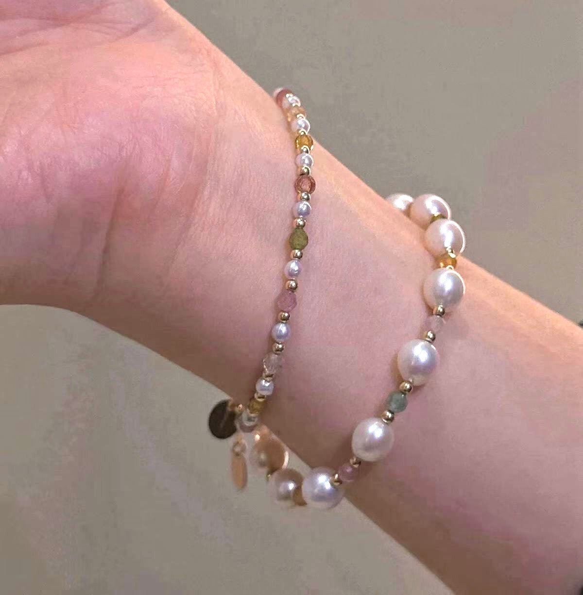 Set of 2 Natural Pearl and Tourmaline Bracelets | 7–8mm & 3-4mm Pearls