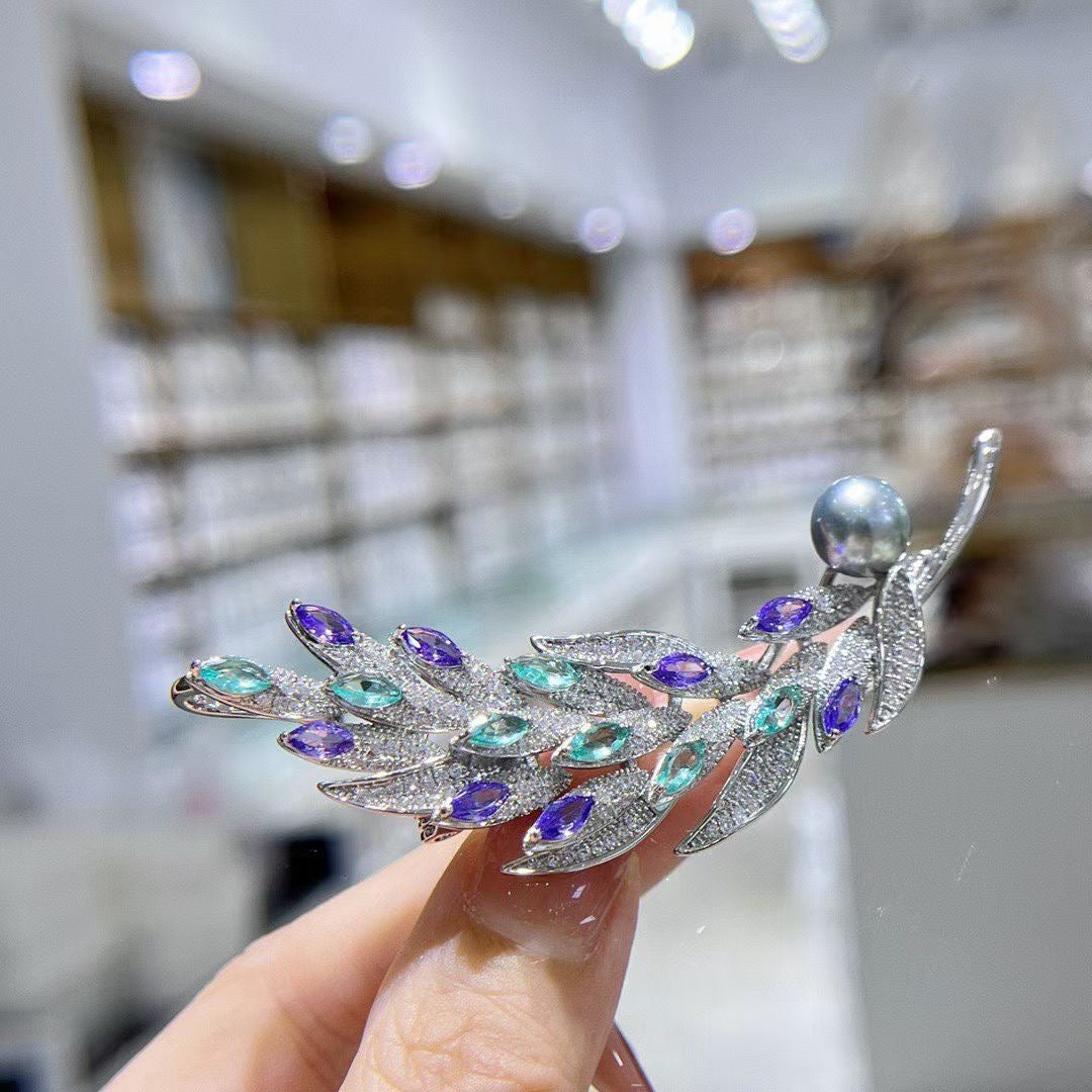 Feather Shaped Pearl Brooch