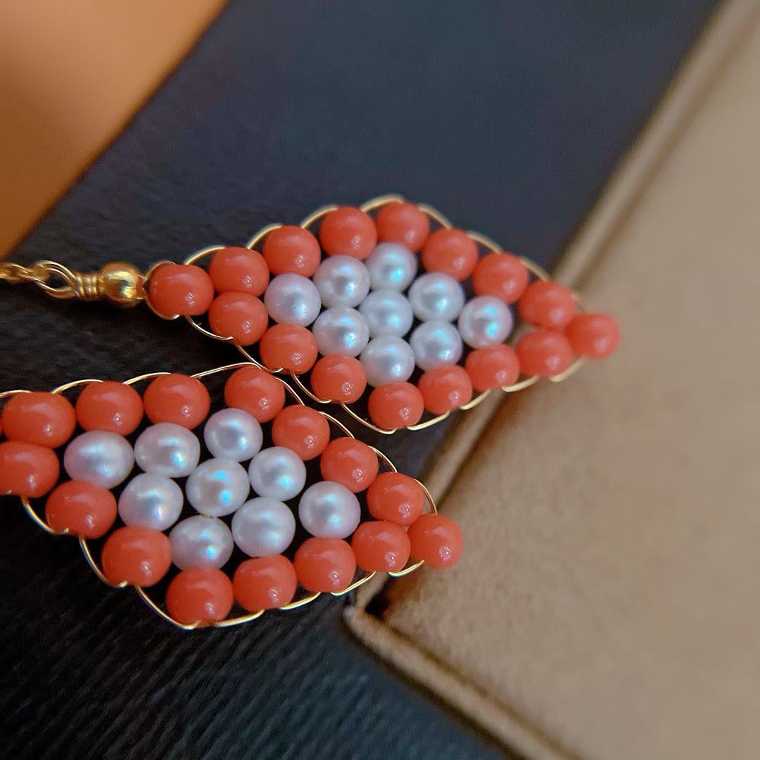 Handwoven Coral & Pearl Dangling Earrings