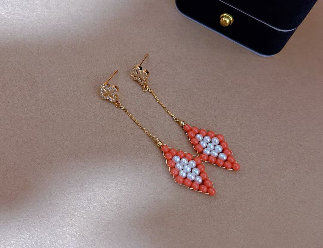 Handwoven Coral & Pearl Dangling Earrings