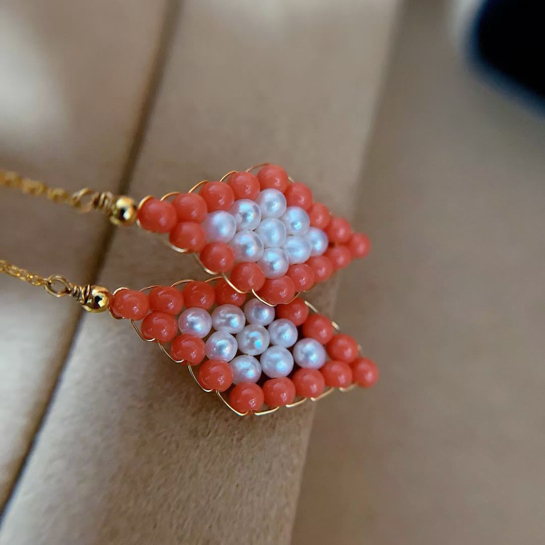 Handwoven Coral & Pearl Dangling Earrings