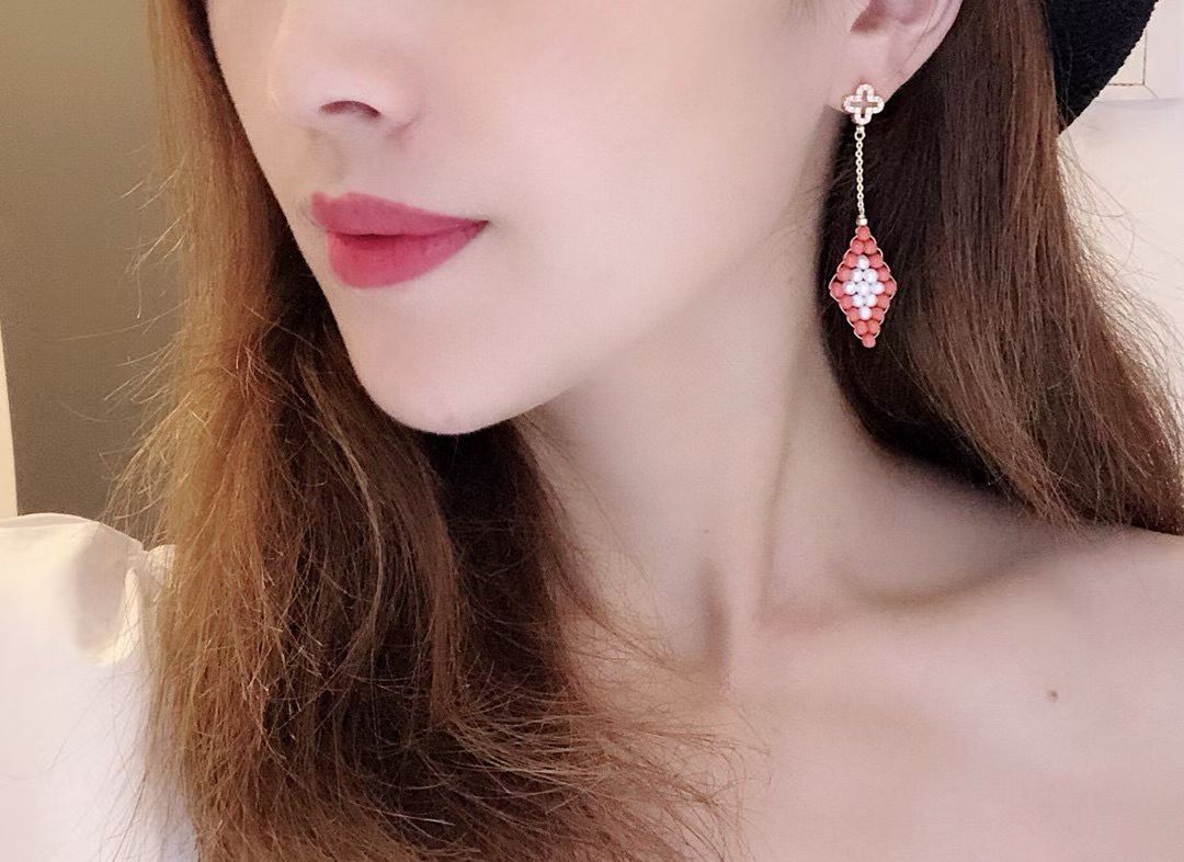 Handwoven Coral & Pearl Dangling Earrings