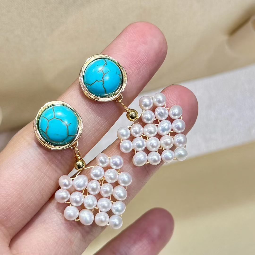 Turquoise Heart Pearl Stud Earrings