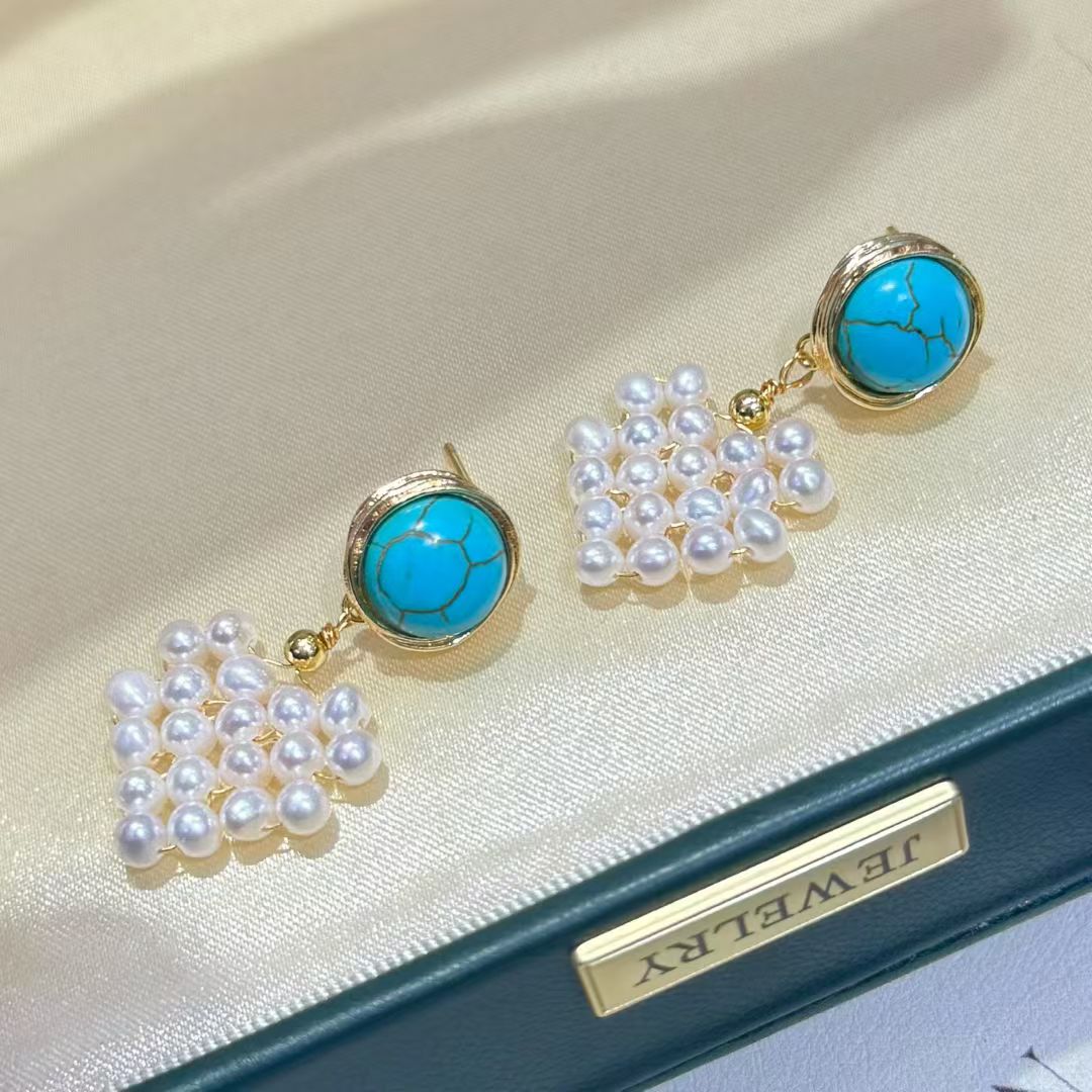 Turquoise Heart Pearl Stud Earrings