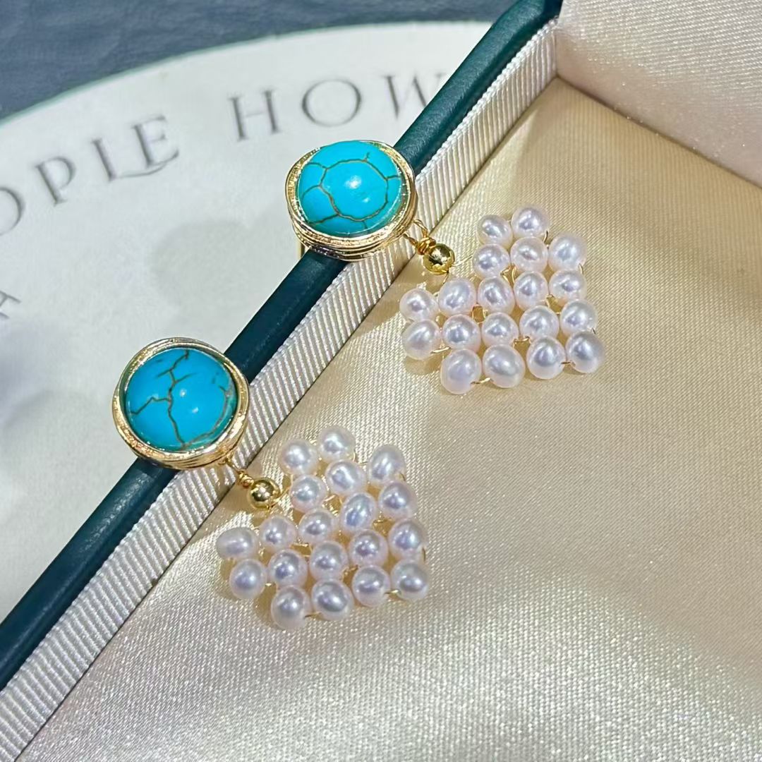 Turquoise Heart Pearl Stud Earrings