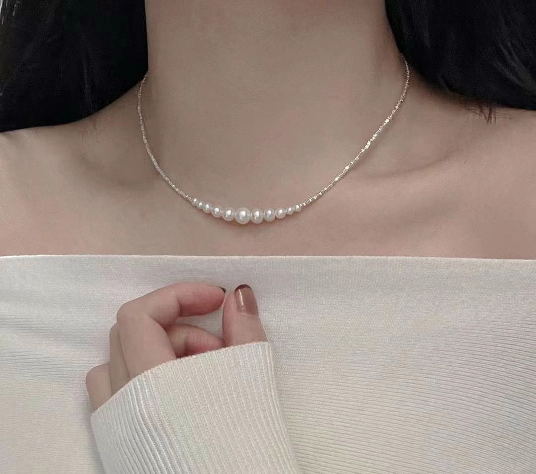 Trendy Smiling Silver Bead & Pearl Necklace | S925 Sterling Silver | 3–8mm Natural Pearls