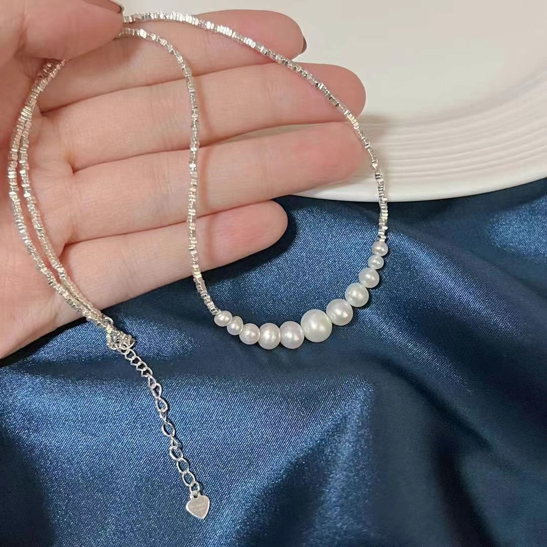 Trendy Smiling Silver Bead & Pearl Necklace | S925 Sterling Silver | 3–8mm Natural Pearls