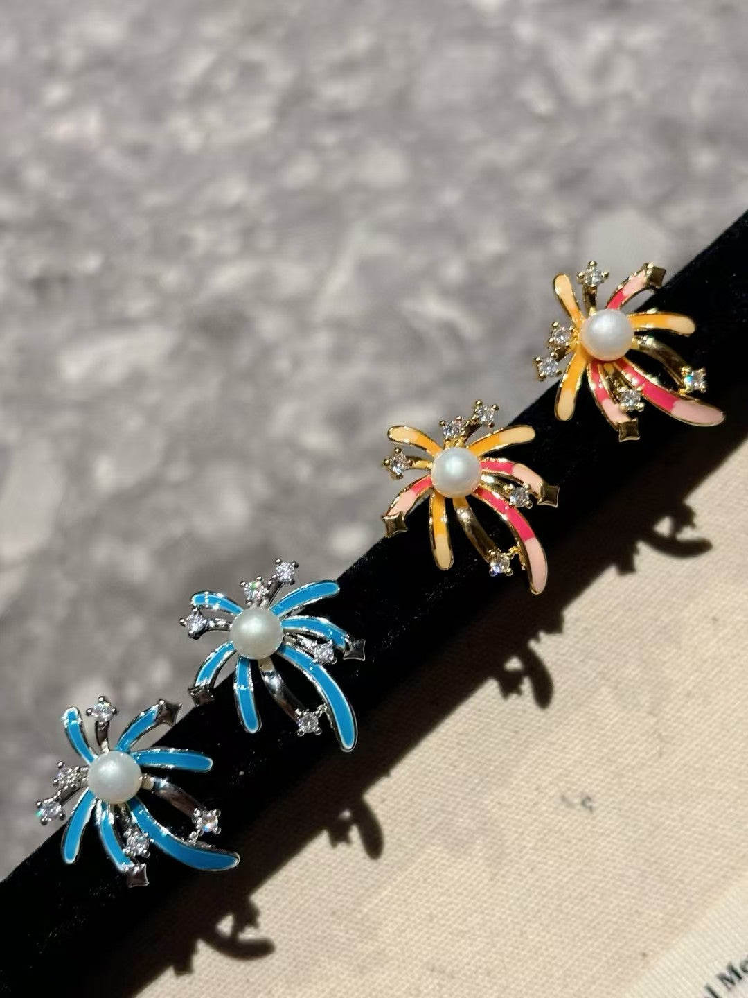Firework-Inspired Enamel Pearl Stud Earrings