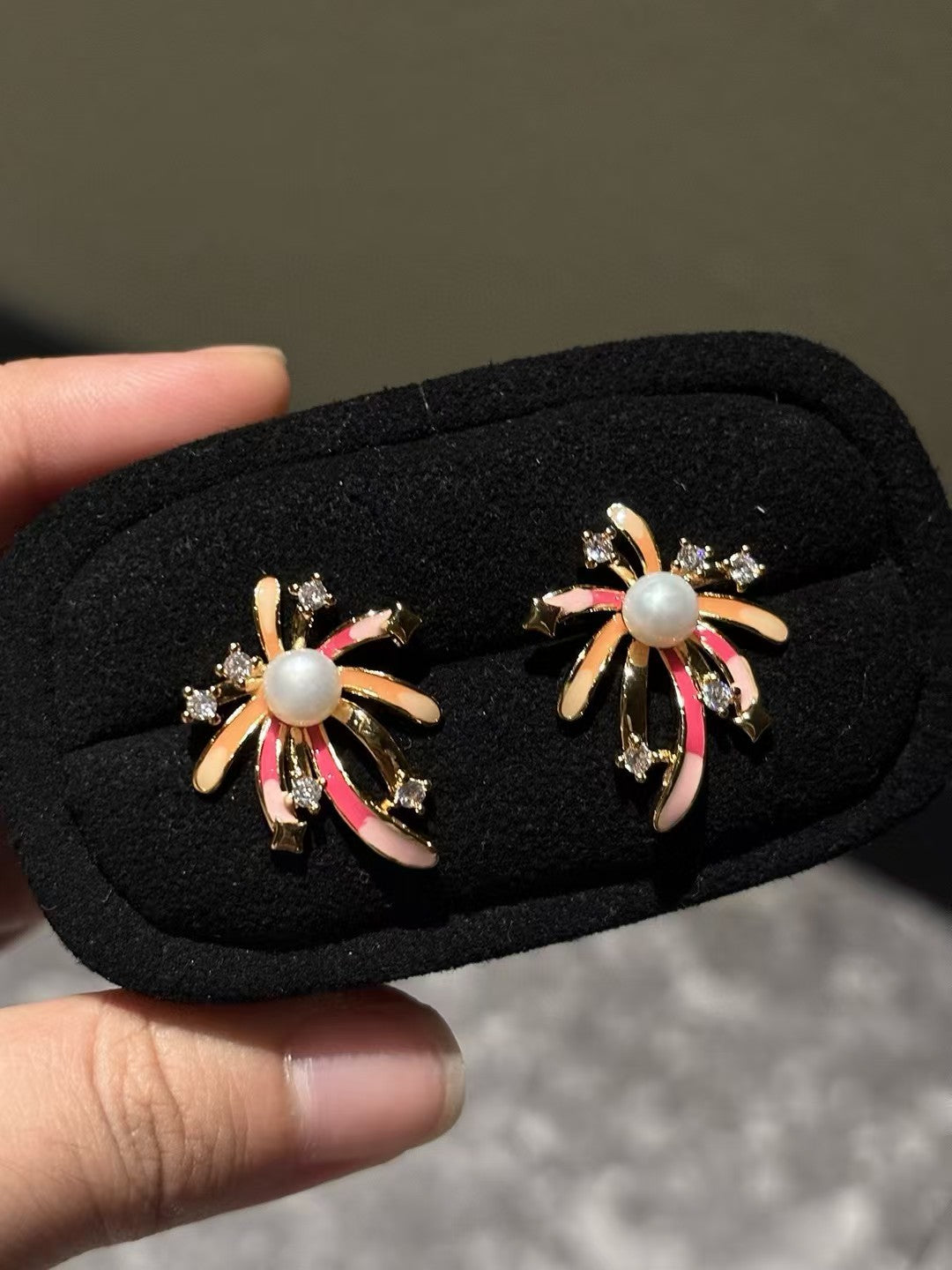 Firework-Inspired Enamel Pearl Stud Earrings
