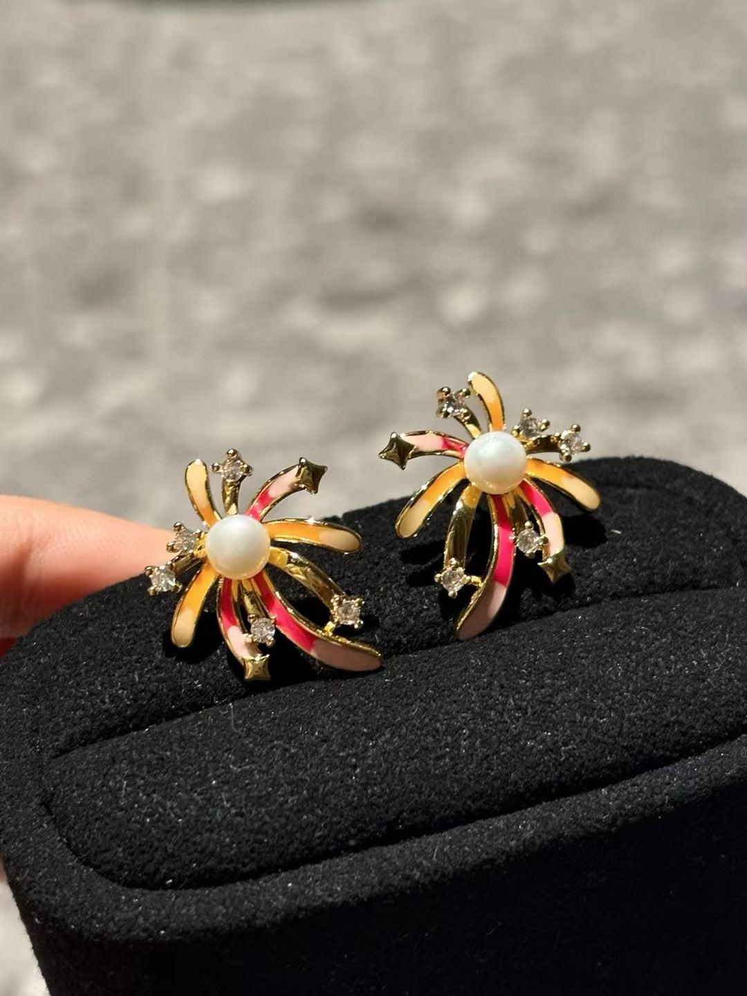 Firework-Inspired Enamel Pearl Stud Earrings