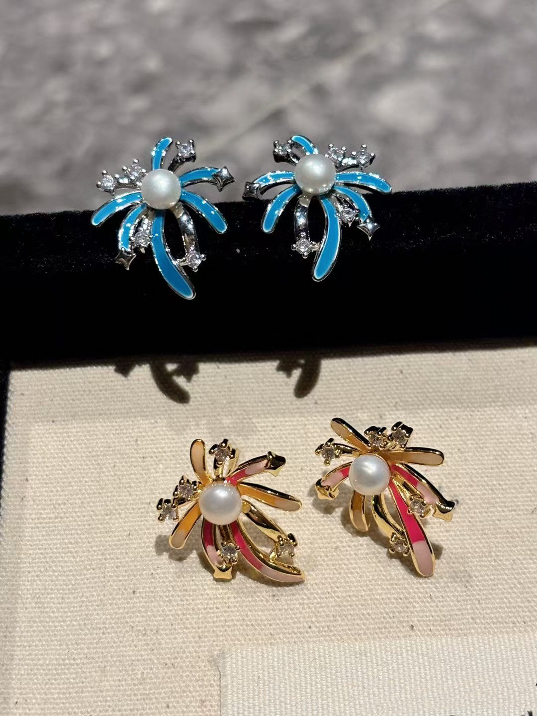 Firework-Inspired Enamel Pearl Stud Earrings