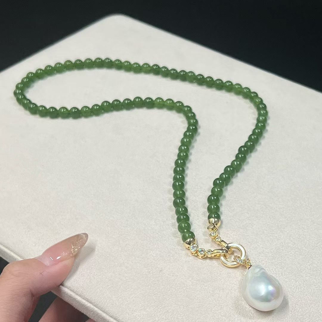 Elegant Jade Beaded Necklace Featuring Baroque Pendant | 55cm / 21.5 inches