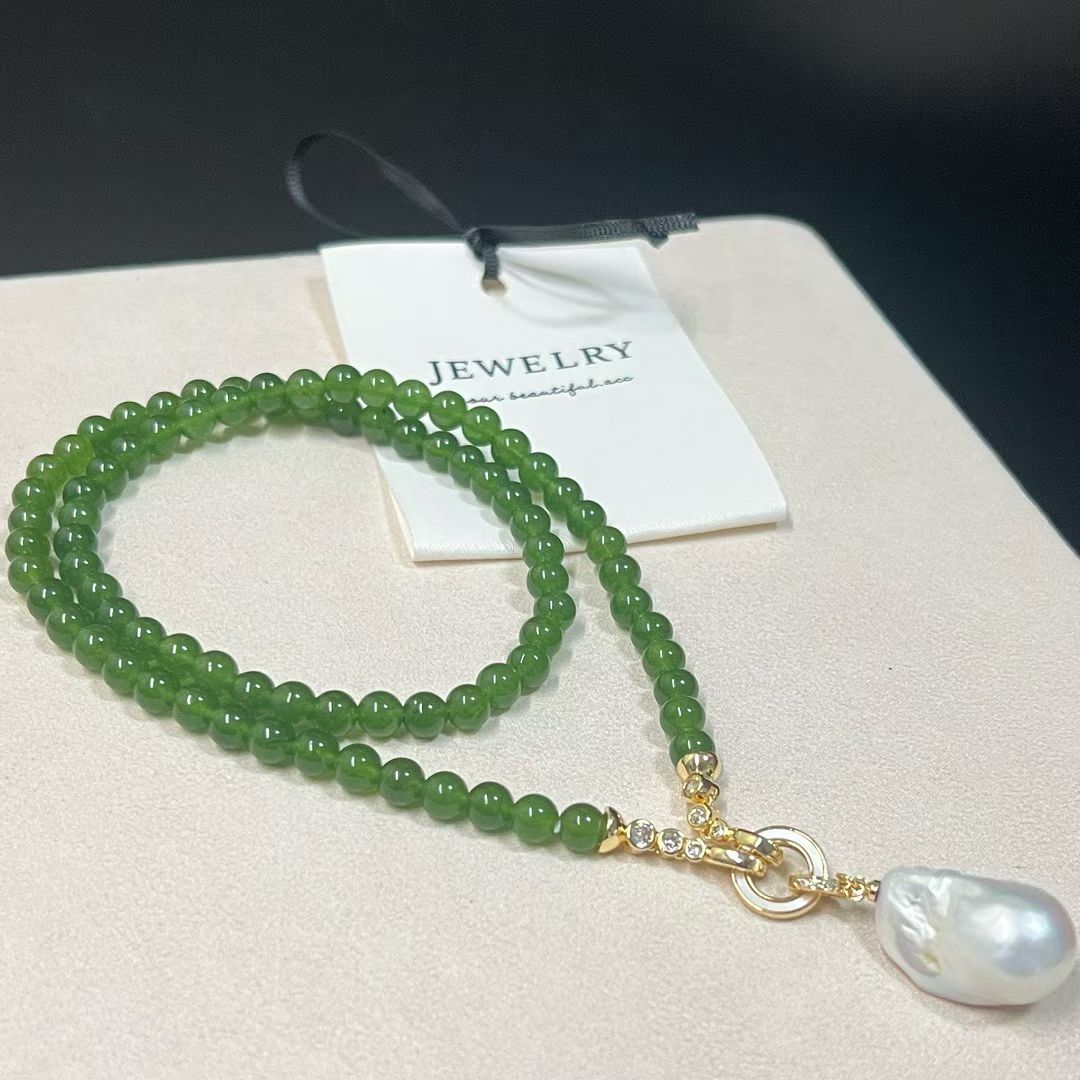 Elegant Jade Beaded Necklace Featuring Baroque Pendant | 55cm / 21.5 inches