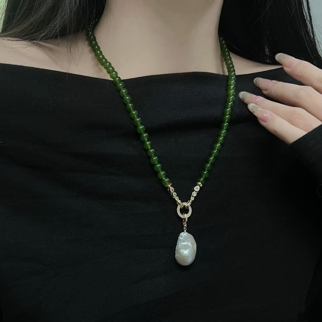 Elegant Jade Beaded Necklace Featuring Baroque Pendant | 55cm / 21.5 inches