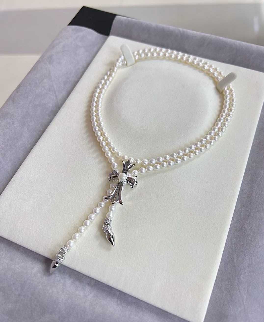 Trendy Long Pearl Necklace with Cross | 33.5 inches/85cm