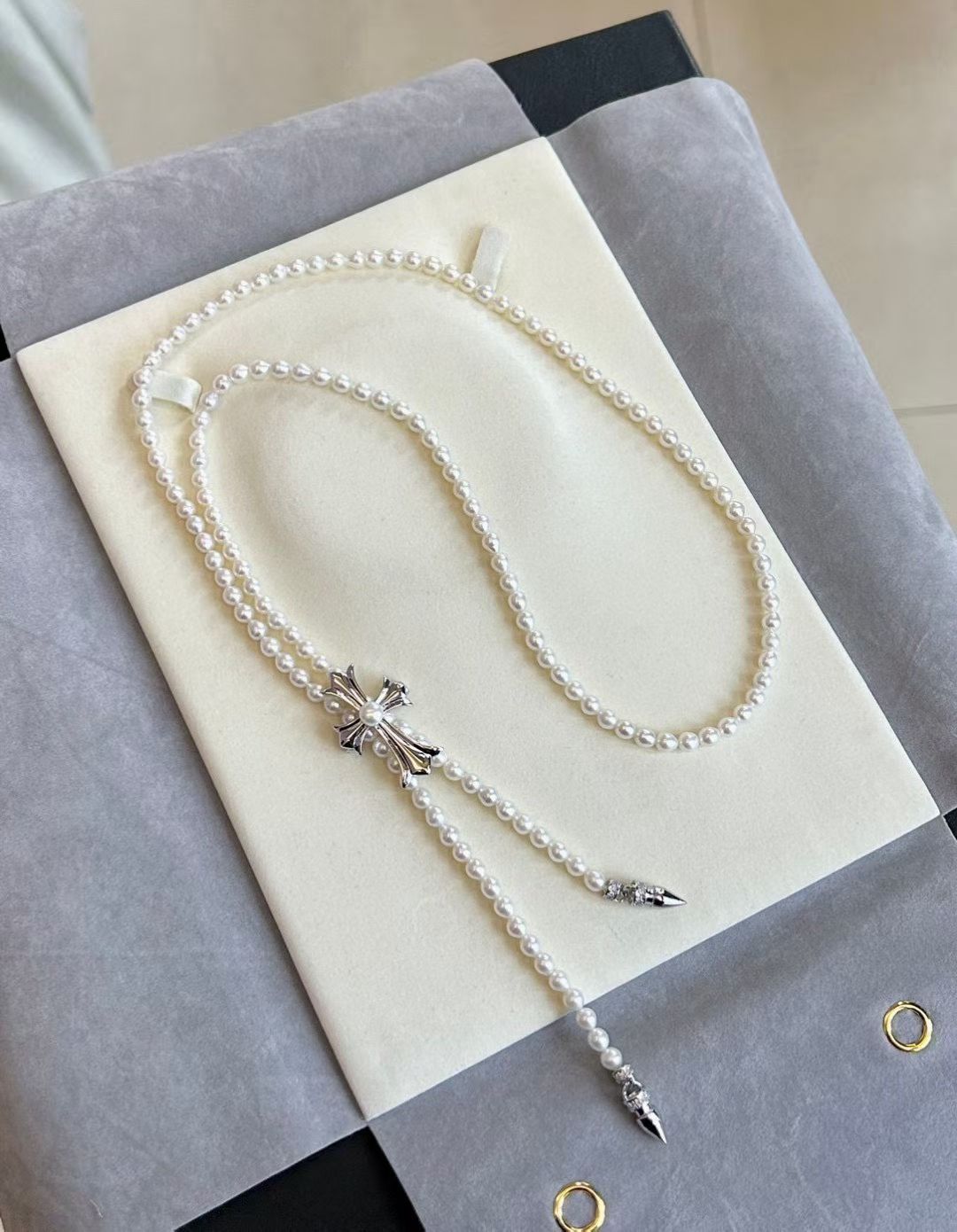 Trendy Long Pearl Necklace with Cross | 33.5 inches/85cm