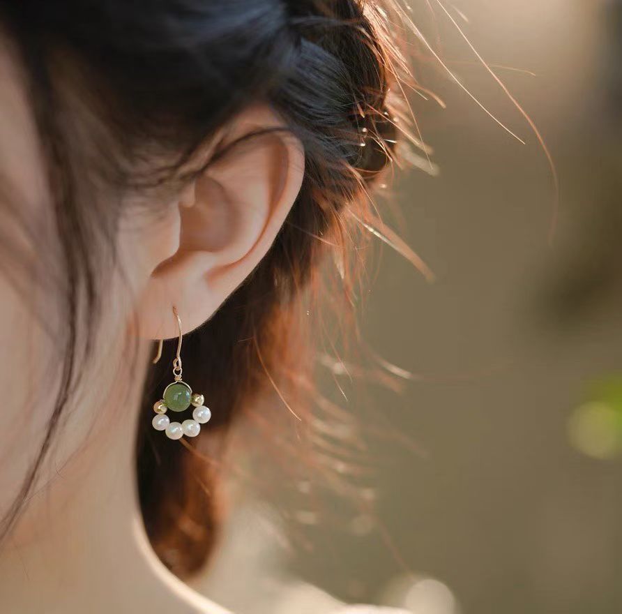 Green Jade & Pearl French Hook Earrings | 6mm Dark Green Jade Beads + 4–5mm Natural Pearls| Handcrafted