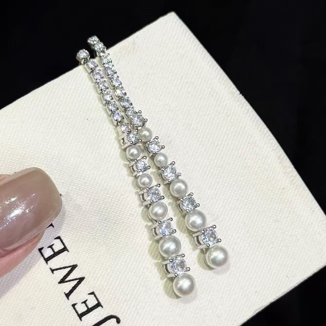 Sparkling Pearl Long Dangle Earrings – Timeless Elegant Style