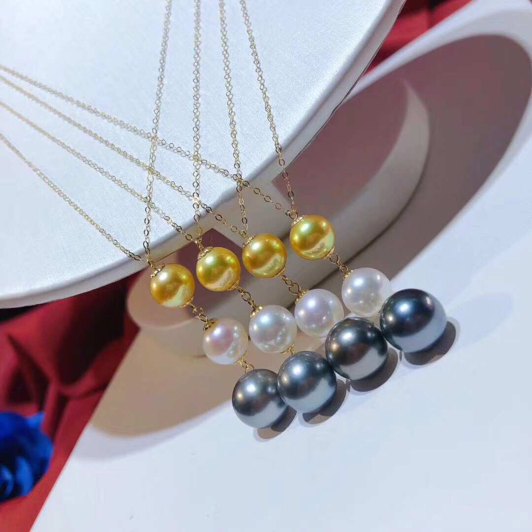 The Ocean Trilogie Pendant | Golden, White & Black Pearls on 18K Yellow/White Gold Chain | Elegant 3-Tone Pearl Necklace
