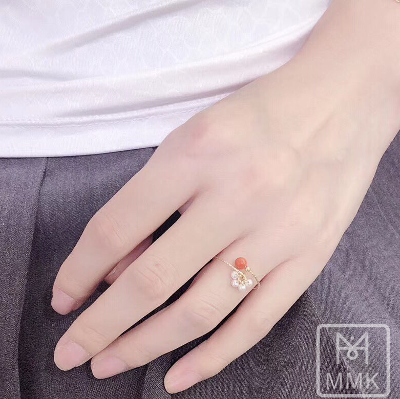 Italian Red Coral and All Natural Pearl Ring in 14K Gold Filled