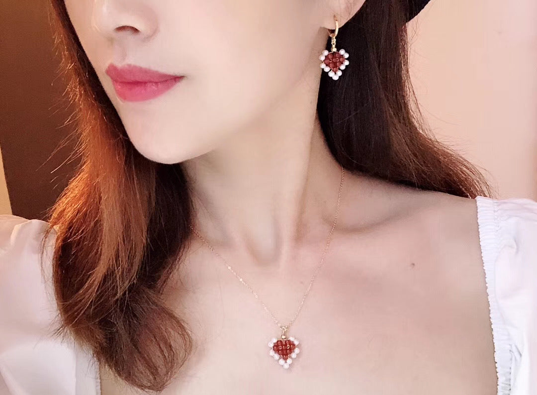 Handmade Red Agate and Pearl Earrings and Pendant Necklace Set