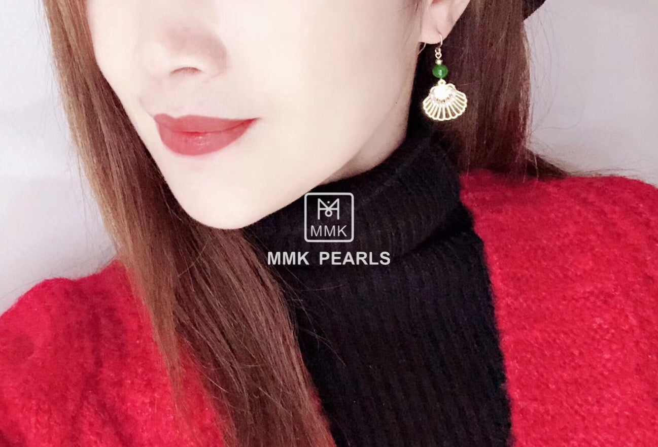 Peacock Opening Pearl And Green Agate Earrings