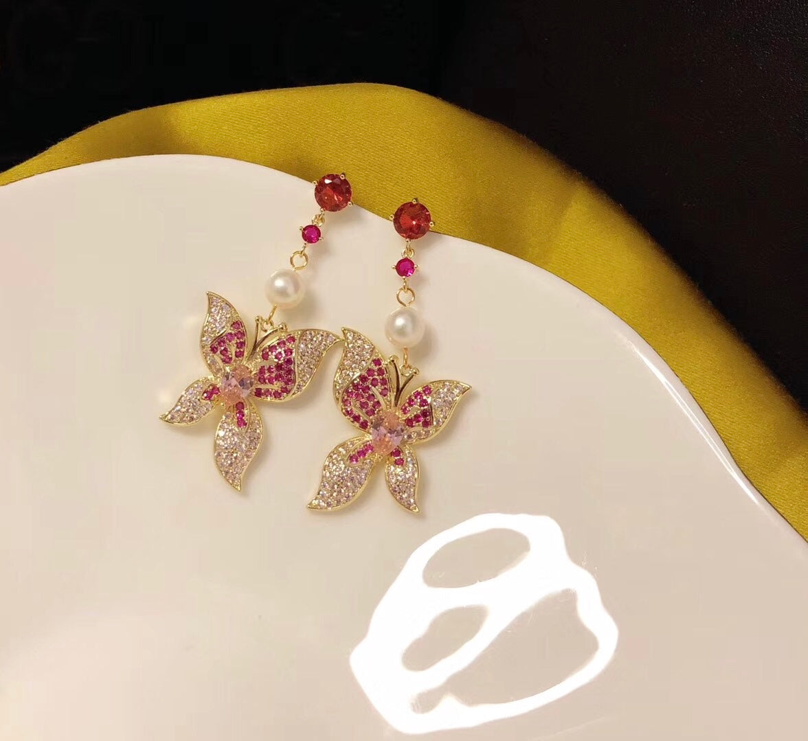 Lab-Created Red Ruby Butterfly Earrings
