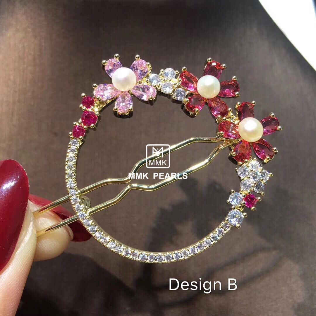 Handmade Crystal & Authentic Pearl Hair Pin Barrette Flower Design