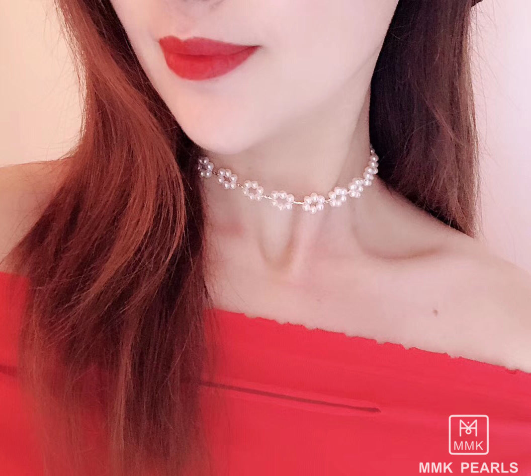 Plum Blossom White Pearl Choker Necklace Earrings Bracelet Matching Set