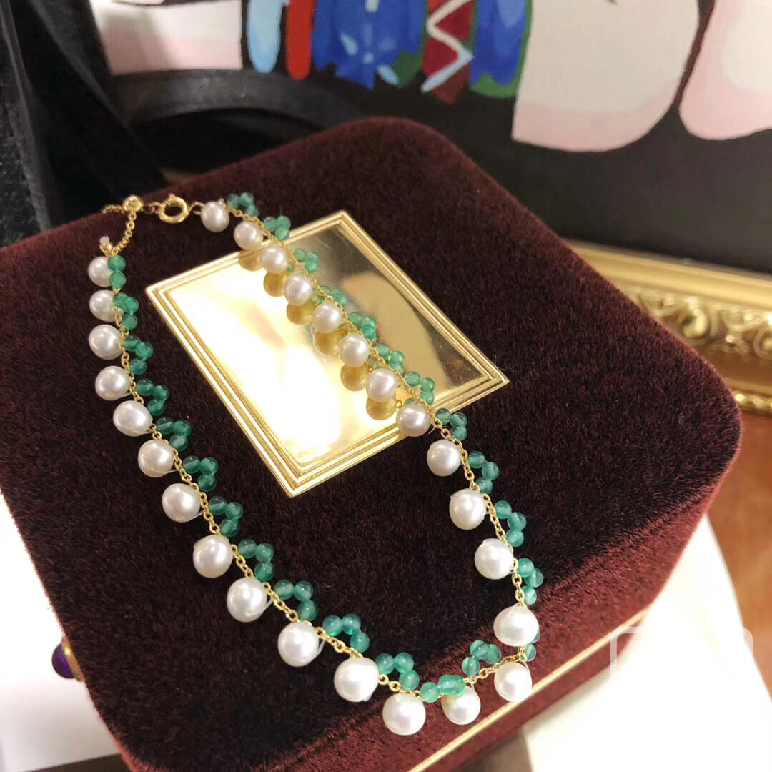 14K Gold Filled Jade and Pearl Anklet Adjustable in Size