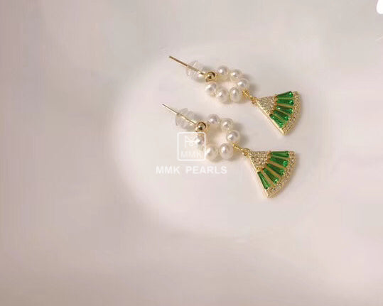 Handmade Green Fan & Hoop Pearl Earrings