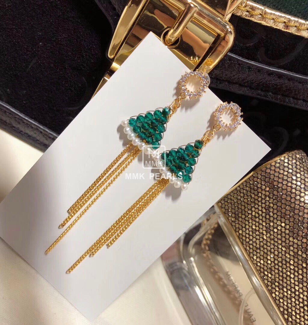 Green Crystal Christmas Tree Pearl Drop Earrings