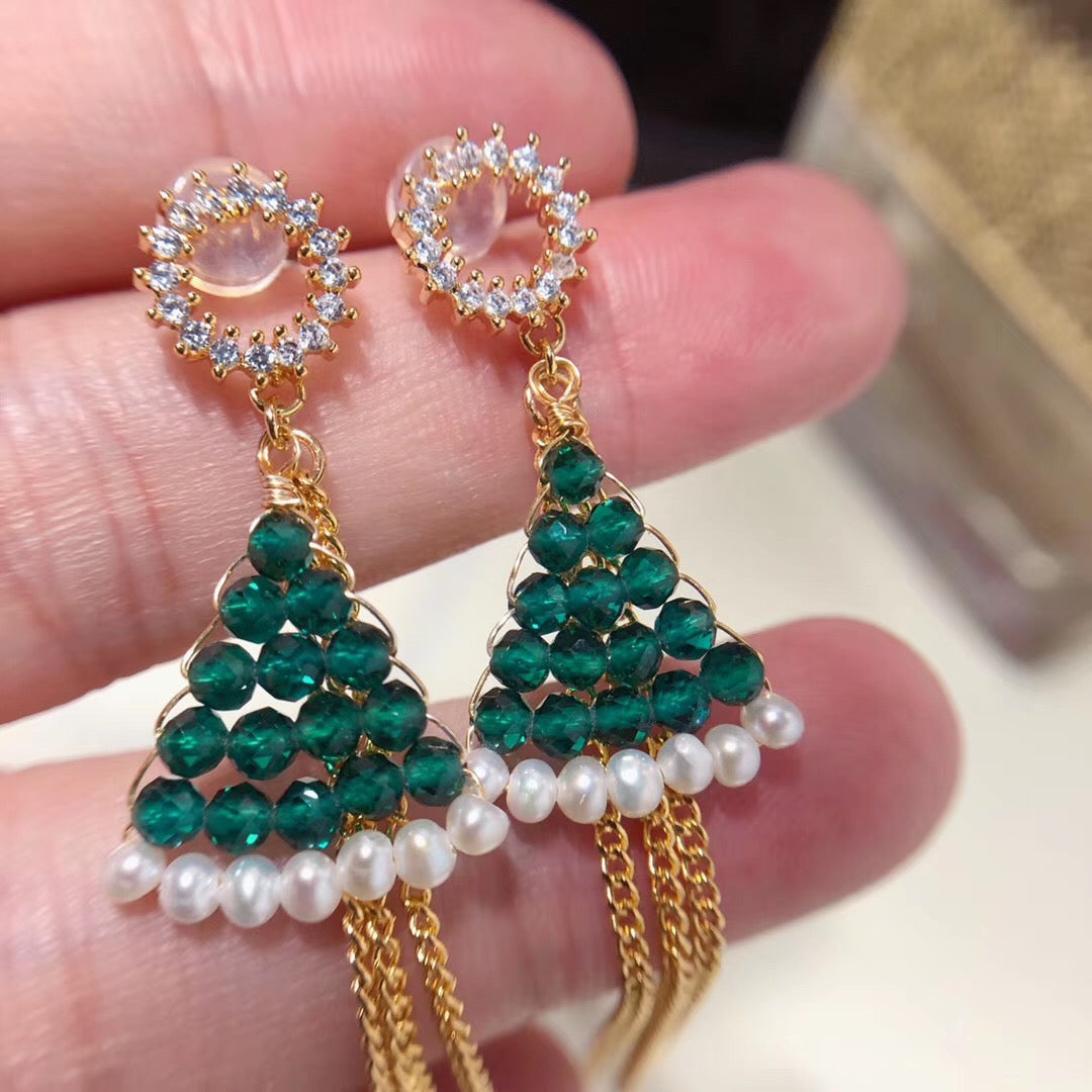 Green Crystal Christmas Tree Pearl Drop Earrings