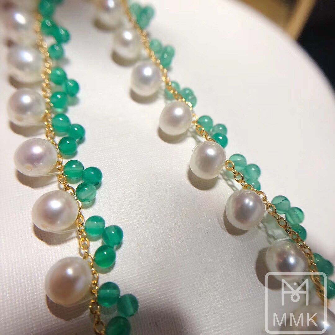 14K Gold Filled Jade and Pearl Anklet Adjustable in Size