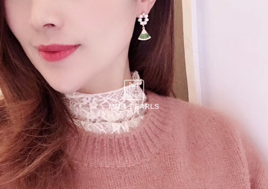 Handmade Green Fan & Hoop Pearl Earrings