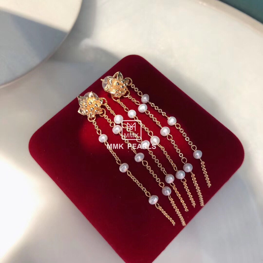 Bauhinia Flower Pearl Tassel Earrings