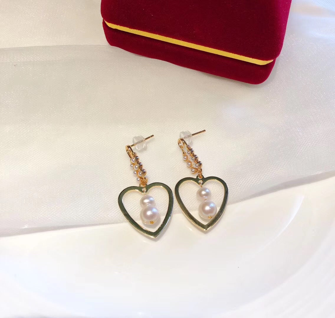 Double-Pearl Heart Shape Drop Earrings