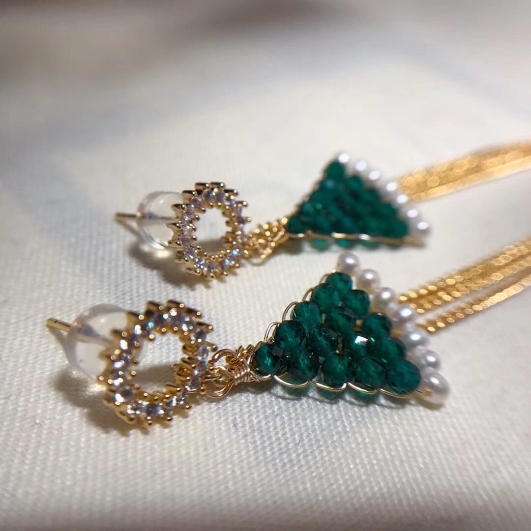 Green Crystal Christmas Tree Pearl Drop Earrings