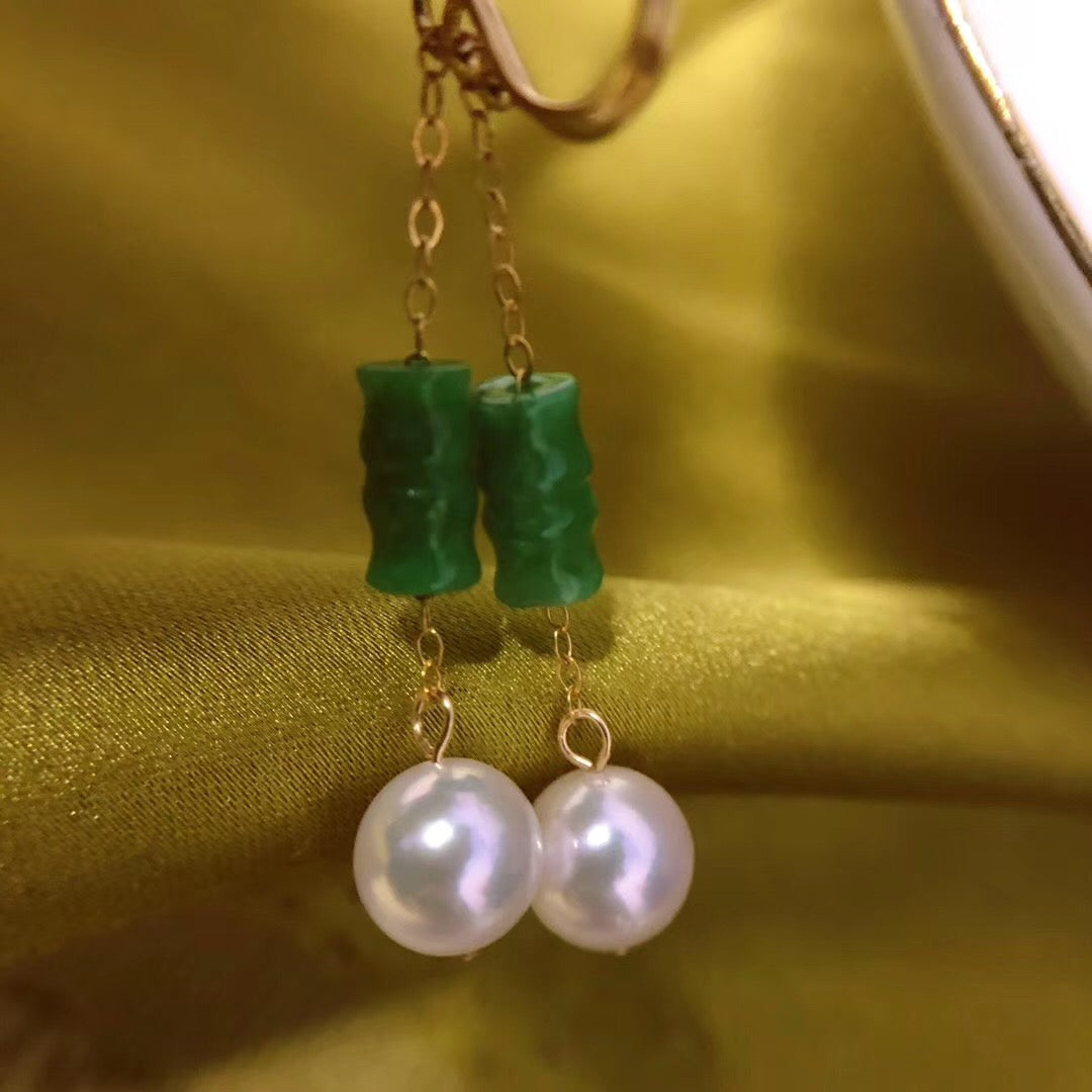 Jade and Akoya Pearl Hook Earrings