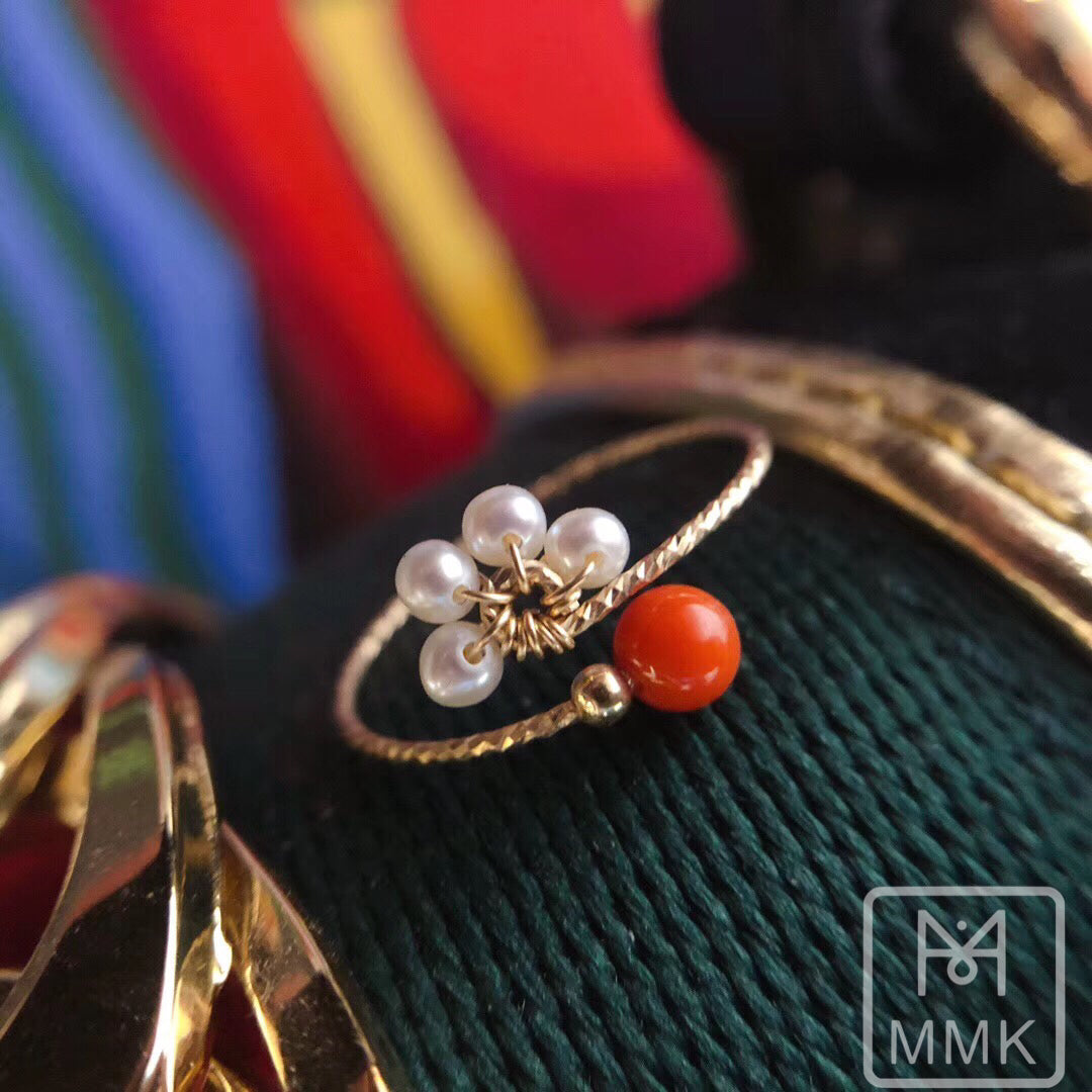 Italian Red Coral and All Natural Pearl Ring in 14K Gold Filled