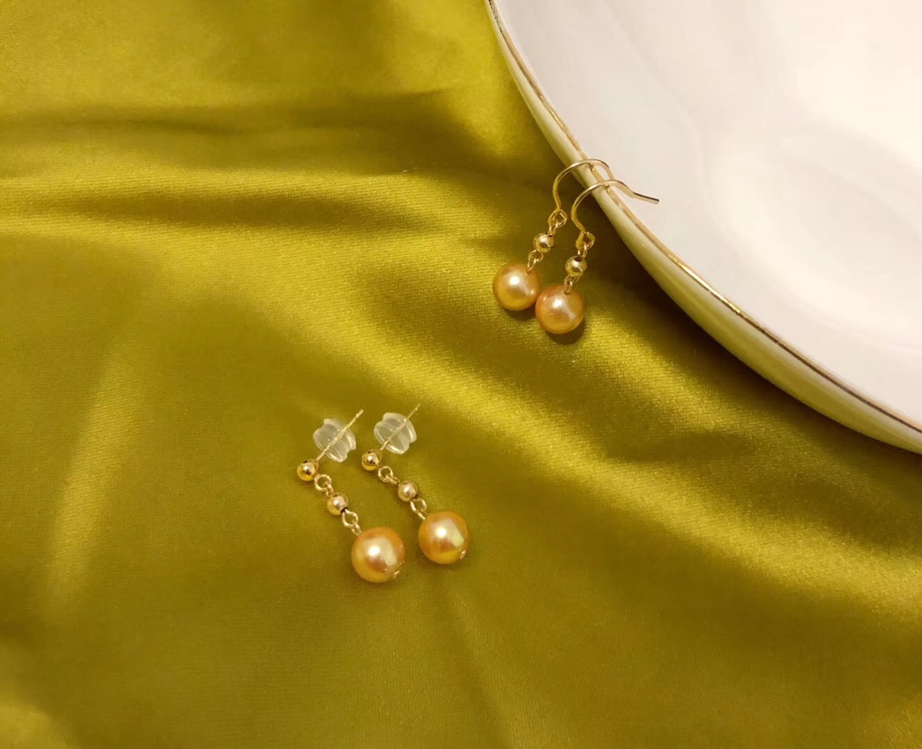 Japanese Golden Akoya Pearl Drop Earrings Single Pearl