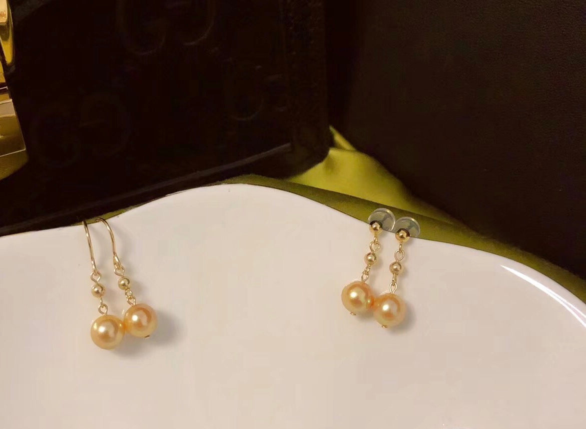 Japanese Golden Akoya Pearl Drop Earrings Single Pearl